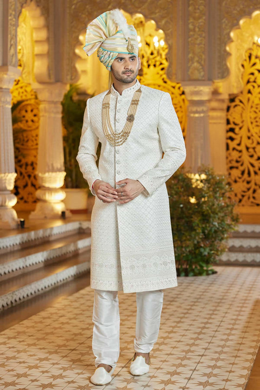 Art Silk Hand and Thread Embroidery Work Sherwani In Cream Colour