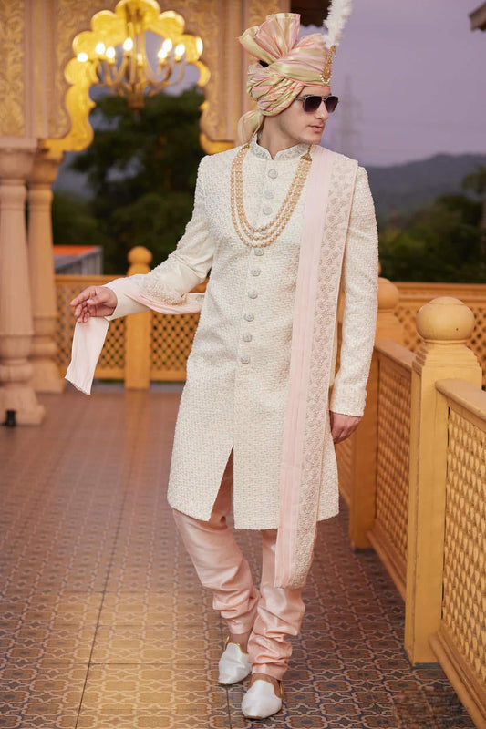 Art Silk Hand and Thread Embroidery Work Sherwani In Beige Colour