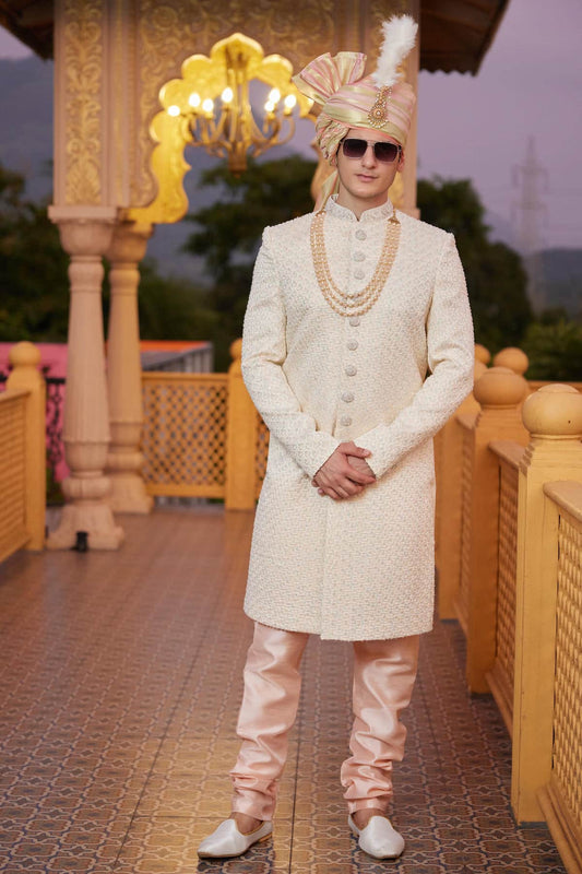 Art Silk Hand and Thread Embroidery Work Sherwani In Beige Colour