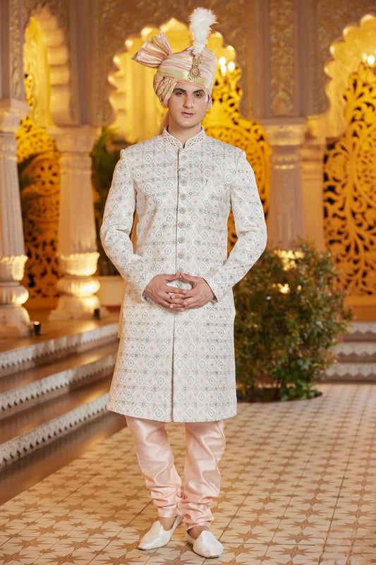 Art Silk Hand and Thread Embroidery Work Sherwani In Cream Colour
