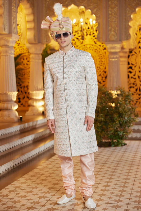 Art Silk Hand and Thread Embroidery Work Sherwani In Cream Colour