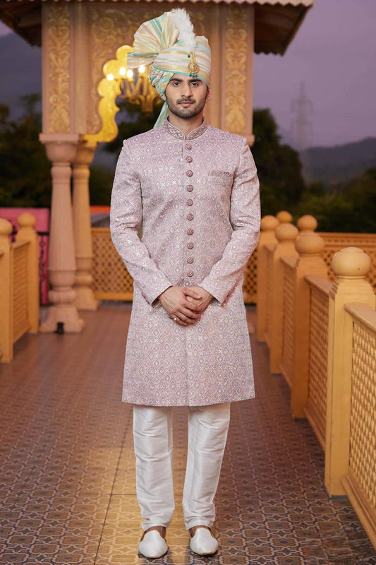 Art Silk Hand and Thread Embroidery Work Sherwani In Onion Colour