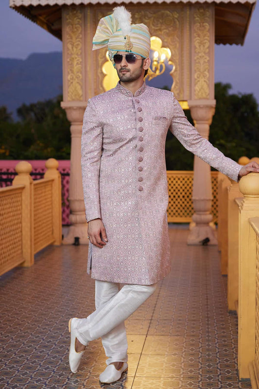 Art Silk Hand and Thread Embroidery Work Sherwani In Onion Colour