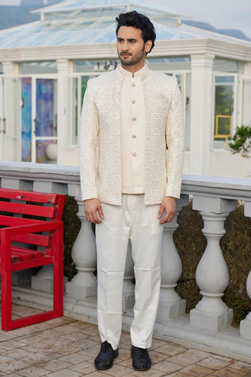 Cream Colour Art Silk 3 Pcs-Jacket Jodhpuri For festival