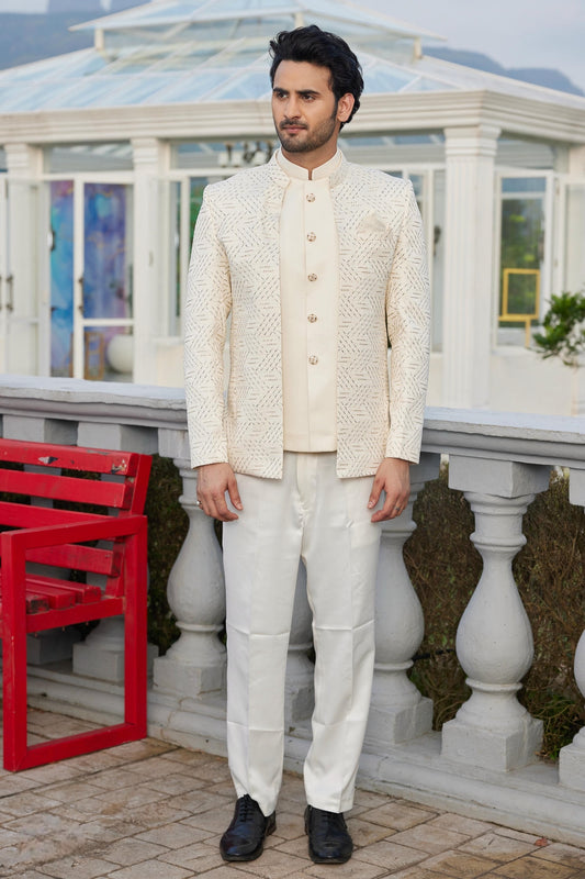 Cream Colour Art Silk 3 Pcs-Jacket Jodhpuri For festival