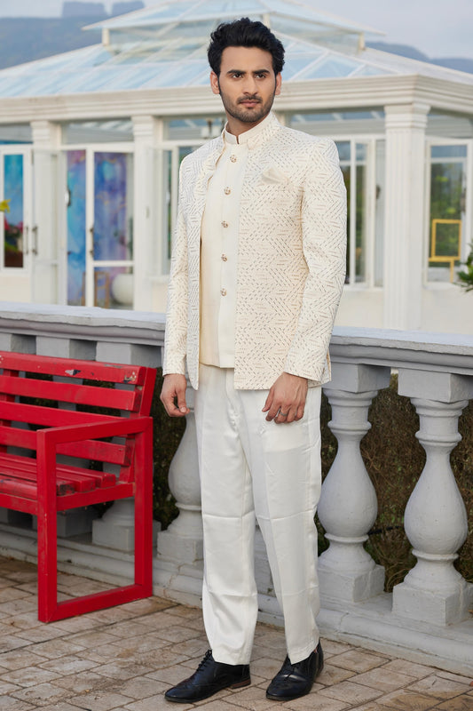 Cream Colour Art Silk 3 Pcs-Jacket Jodhpuri For festival