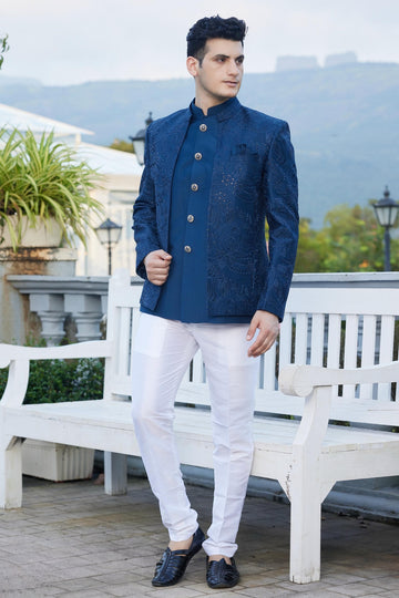 Blue Colour Art Silk 3 Pcs-Jacket Jodhpuri For festival