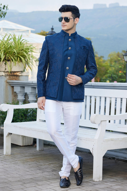 Blue Colour Art Silk 3 Pcs-Jacket Jodhpuri For festival