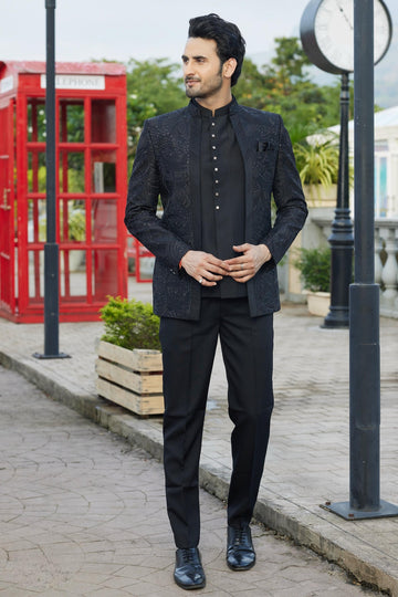 Black Colour Art Silk 3 Pcs-Jacket Jodhpuri For festival