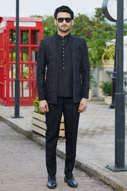 Black Colour Art Silk 3 Pcs-Jacket Jodhpuri For festival