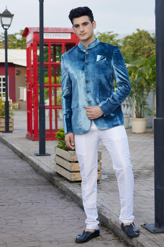 Teal Blue Colour Velvet Jodhpuri For festival