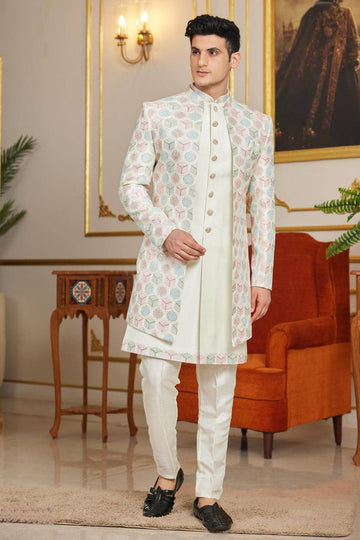 Art Silk Thread Embroidery Work 3 Pcs Indo Western In Cream Colour