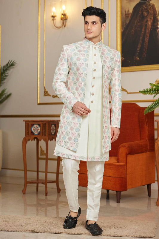 Art Silk Thread Embroidery Work 3 Pcs Indo Western In Cream Colour