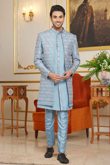 Art Silk Thread Embroidery Work 3 Pcs Indo Western In Blue Colour