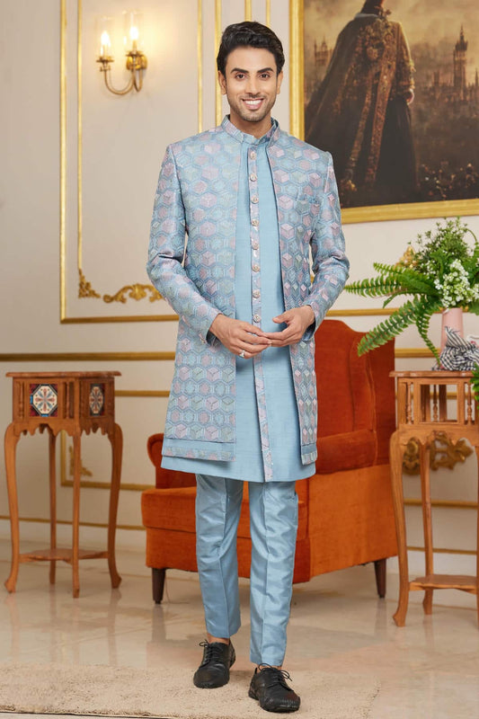 Art Silk Thread Embroidery Work 3 Pcs Indo Western In Blue Colour