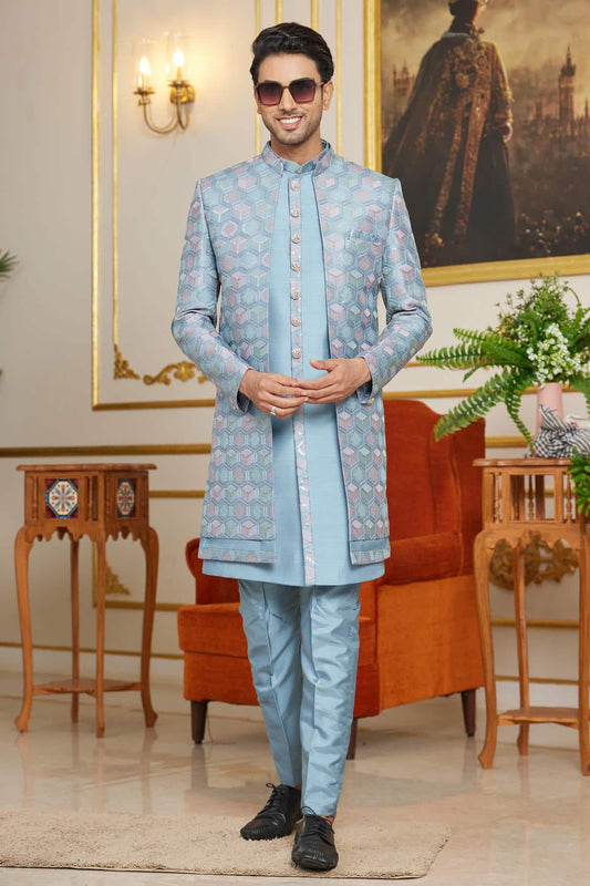 Art Silk Thread Embroidery Work 3 Pcs Indo Western In Blue Colour