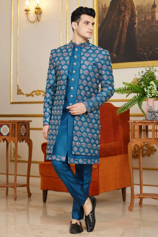 Art Silk Thread Embroidery Work 3 Pcs Indo Western In Blue Colour