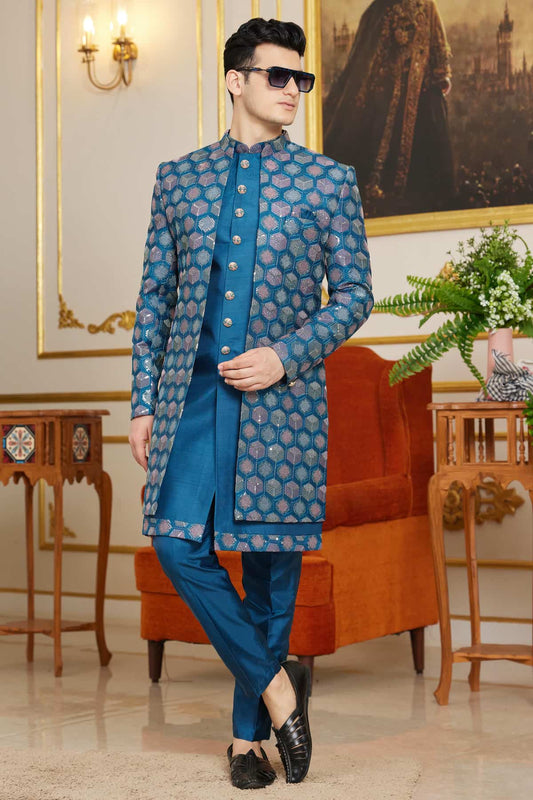 Art Silk Thread Embroidery Work 3 Pcs Indo Western In Blue Colour