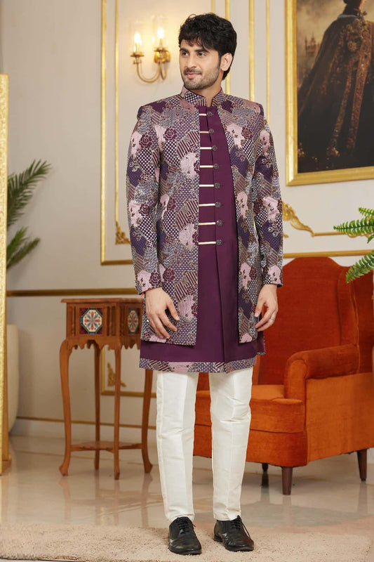 Art Silk Thread Embroidery Work 3 Pcs Attach Indo In Wine Colour