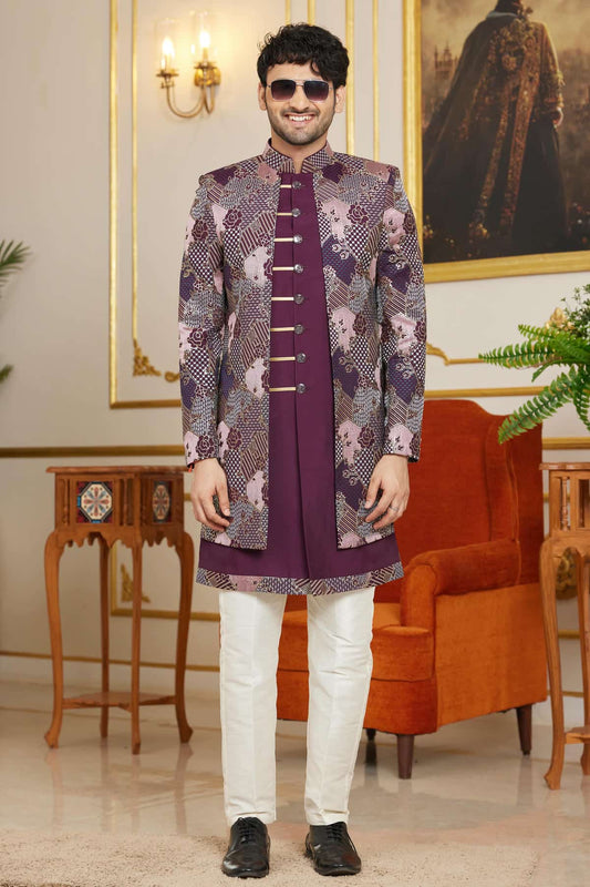 Art Silk Thread Embroidery Work 3 Pcs Attach Indo In Wine Colour