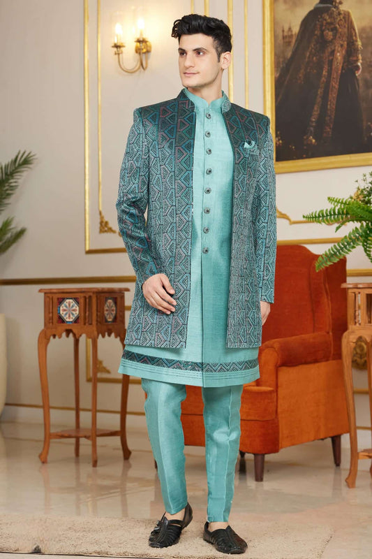 Velvet Thread Embroidery Work 3 Pcs Indo Western In Teal Green Colour