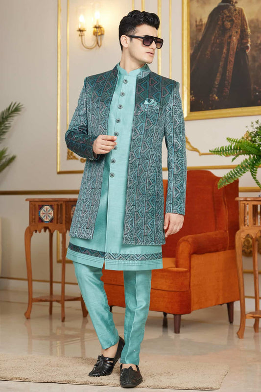 Velvet Thread Embroidery Work 3 Pcs Indo Western In Teal Green Colour