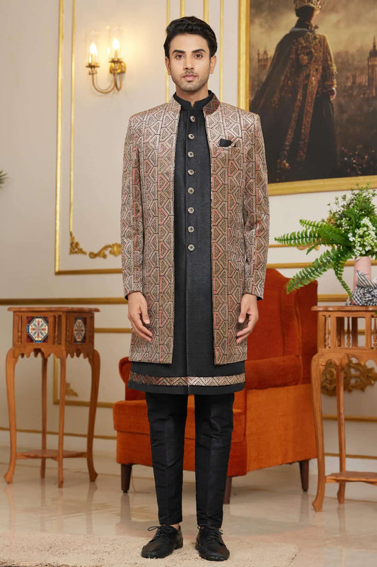 Velvet Thread Embroidery Work 3 Pcs Indo Western In Brown Colour