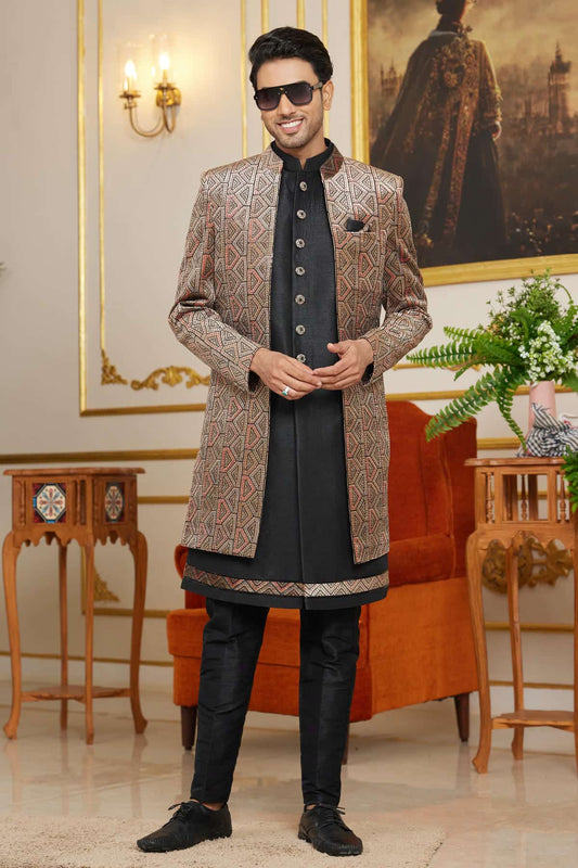 Velvet Thread Embroidery Work 3 Pcs Indo Western In Brown Colour