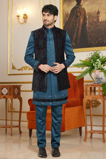 Velvet Thread Embroidery Work 3 Pcs Indo Western In Black And Teal Green Colour