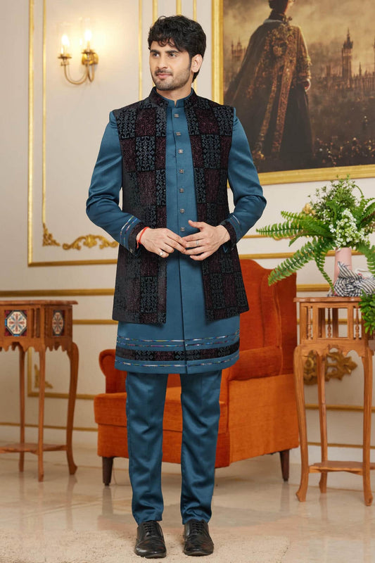 Velvet Thread Embroidery Work 3 Pcs Indo Western In Black And Teal Green Colour
