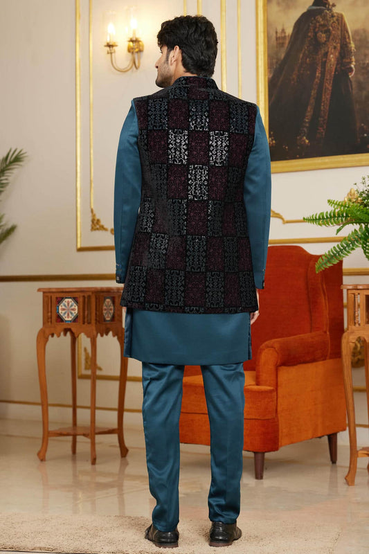 Velvet Thread Embroidery Work 3 Pcs Indo Western In Black And Teal Green Colour