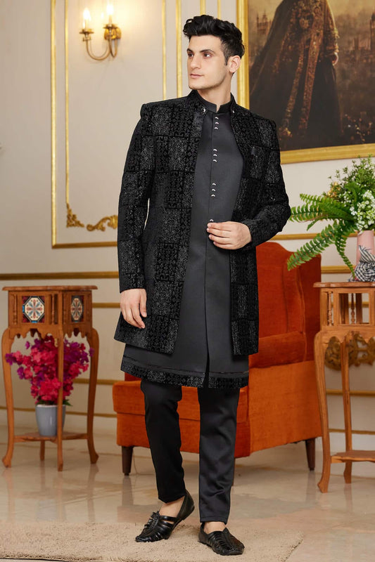 Velvet Thread Embroidery Work 3 Pcs Indo Western In Black Colour