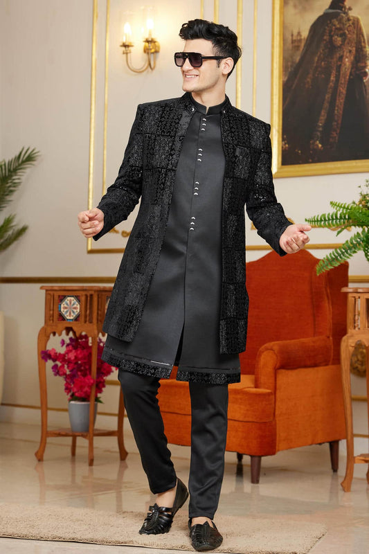 Velvet Thread Embroidery Work 3 Pcs Indo Western In Black Colour
