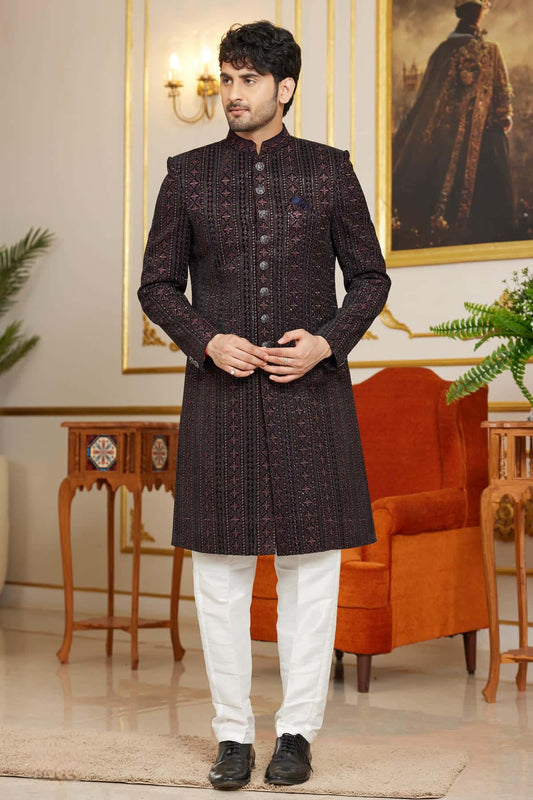 Velvet Thread Embroidery Work Indo Western In Navy Blue Colour