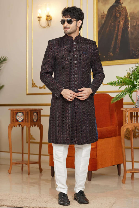Velvet Thread Embroidery Work Indo Western In Navy Blue Colour