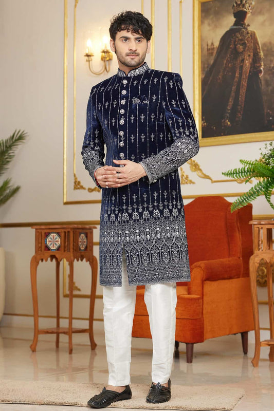 Velvet Thread Embroidery Work Indo Western In Blue Colour