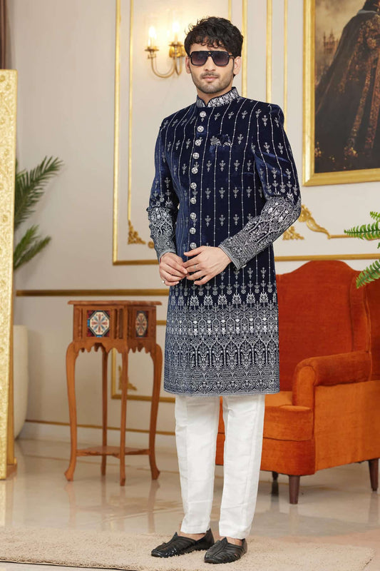 Velvet Thread Embroidery Work Indo Western In Blue Colour