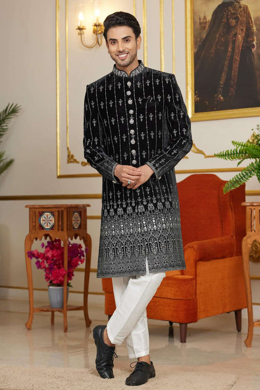 Velvet Thread Embroidery Work Indo Western In Black Colour