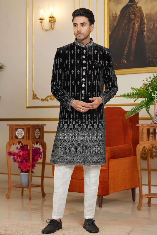 Velvet Thread Embroidery Work Indo Western In Black Colour