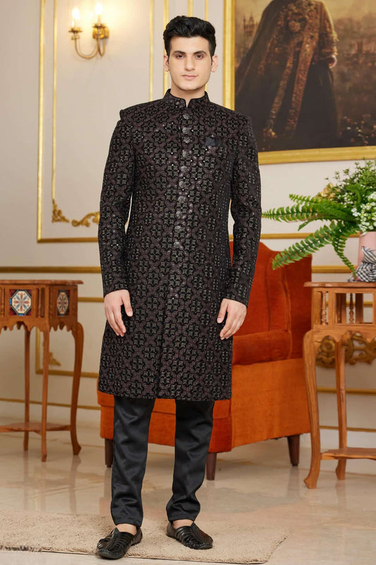 Velvet Thread Embroidery Work Indo Western In Black Colour