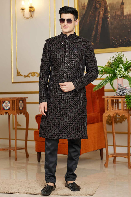 Velvet Thread Embroidery Work Indo Western In Black Colour