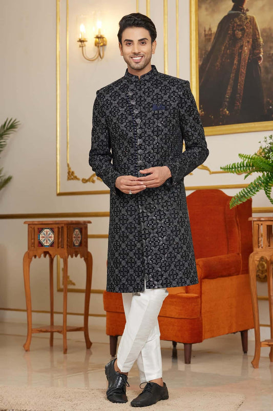 Velvet Thread Embroidery Work Indo Western In Navy Blue Colour