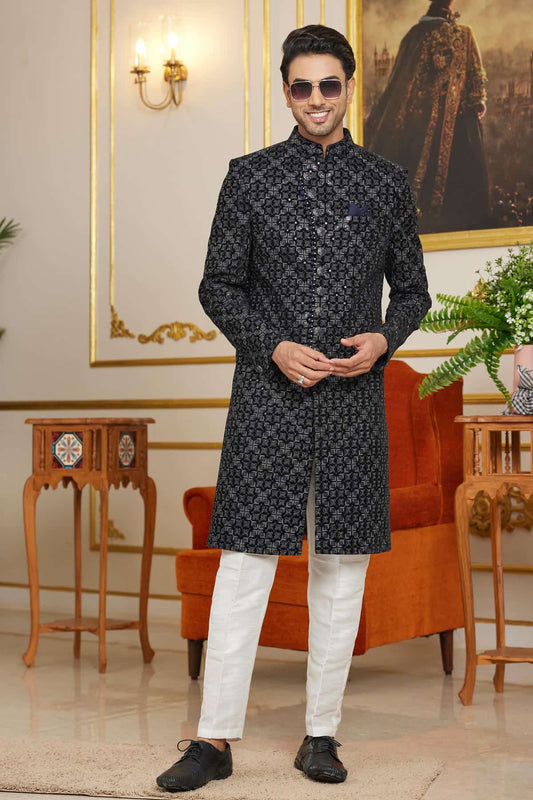 Velvet Thread Embroidery Work Indo Western In Navy Blue Colour