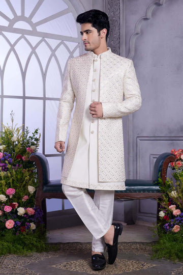 Art Silk Thread Embroidery Work 3 Pcs Jacket Set In Cream Colour