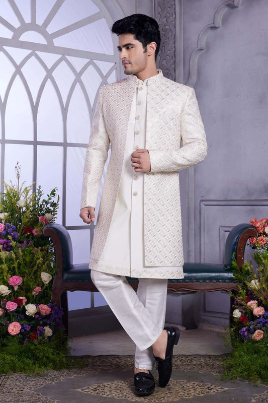 Art Silk Thread Embroidery Work 3 Pcs Jacket Set In Cream Colour