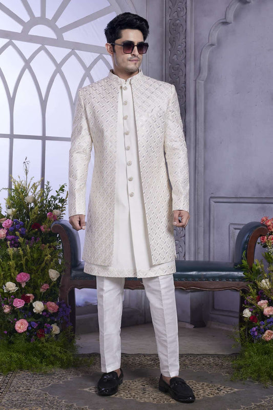 Art Silk Thread Embroidery Work 3 Pcs Jacket Set In Cream Colour