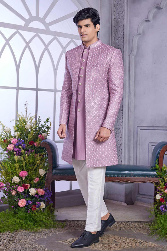 Art Silk Thread Embroidery Work 3 Pcs Jacket Set In Onion Colour