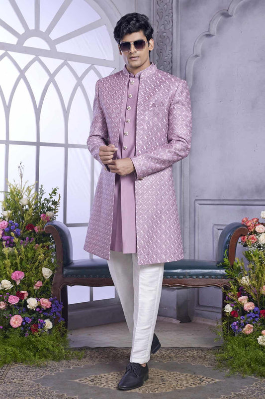 Art Silk Thread Embroidery Work 3 Pcs Jacket Set In Onion Colour