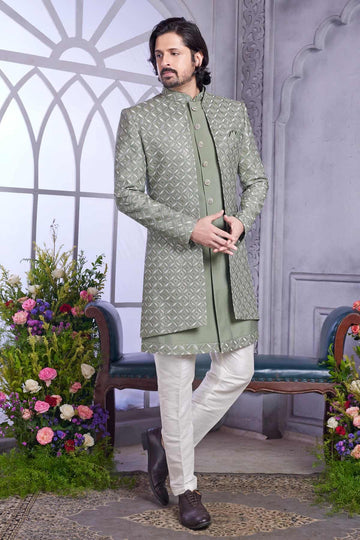Art Silk Thread Embroidery Work 3 Pcs Jacket Set In Green Colour