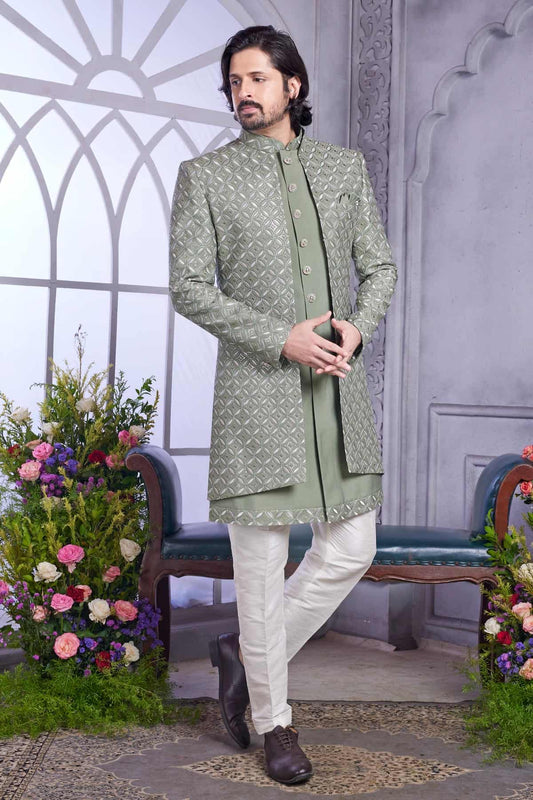 Art Silk Thread Embroidery Work 3 Pcs Jacket Set In Green Colour